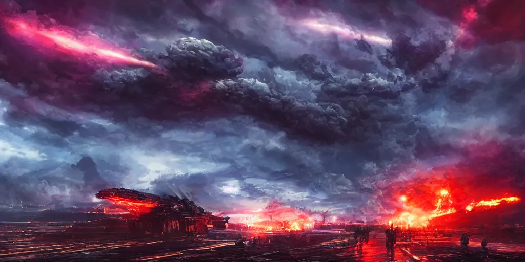 Prompt: giant imperial dreadnoughts scorch the sky at war at night, high octane warhammer military action, dramatic clouds, storm, smoke, fire, chaos, photo realistic, 8k, artstation, Blade runner, neon signs in the distance, dark, cinematic, high contrast, epic