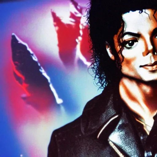 Image similar to Michael Jackson with shiny red eyes, deep blue background