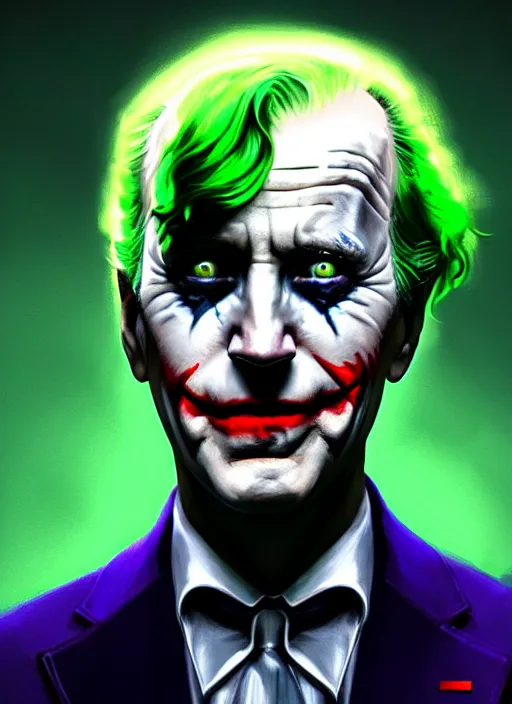 Image similar to portrait of joe biden as the joker, green hair, intricate, elegant, glowing lights, highly detailed, digital painting, artstation, concept art, sharp focus, illustration, art by wlop, mars ravelo and greg rutkowski