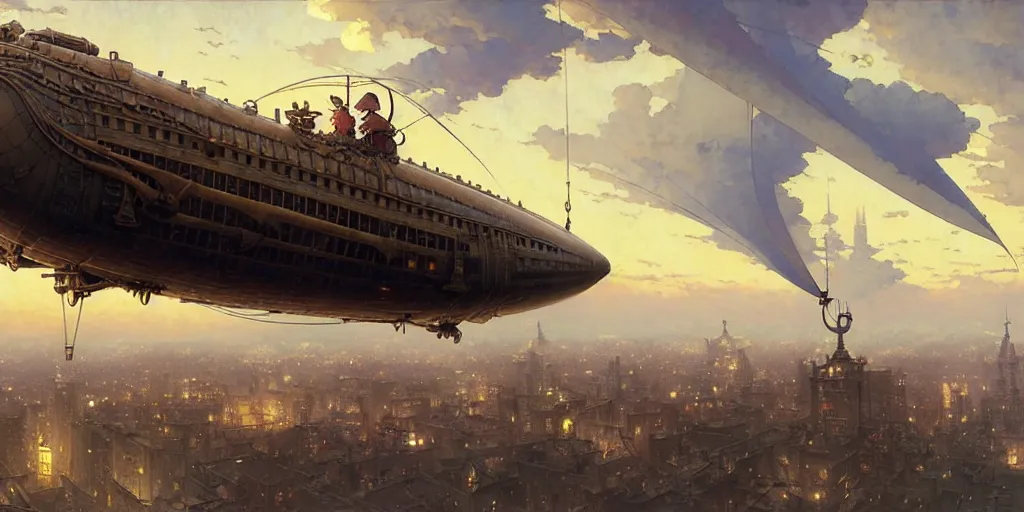 Image similar to steampunk airship above a busy city, exquisite details, denoised, mid view, by norman rockwell, karl kopinski, artsation, greg rutkowski, makoto shinkai, takashi takeuchi, studio ghibli