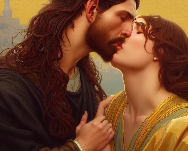 Prompt: photography of jesus kissing a sensual woman in jerusalem, deep focus,, intricate, elegant, highly detailed, digital painting, artstation, concept art, matte, sharp focus, illustration, art by artgerm and greg rutkowski and alphonse mucha