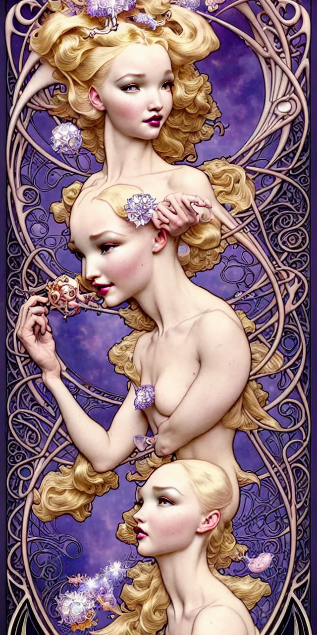 Image similar to beautiful dove cameron art nouveau fantasy character portrait, ultra realistic, intricate details, the fifth element artifacts, highly detailed by peter mohrbacher, hajime sorayama, wayne barlowe, boris vallejo, aaron horkey, gaston bussiere, craig mullins alphonse mucha, art nouveau curves swirls and spirals, flowers pearls beads crystals jewelry goldchains scattered