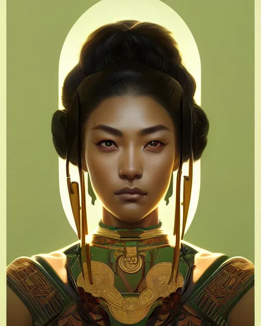 Prompt: symmetry, samurai, lines, brown skin, green iris, machine face, intricate, elegant, highly detailed, digital painting, artstation, cgsociety, concept art, smooth, sharp focus, illustration, art by artgerm and greg rutkowski and alphonse mucha, 8 k