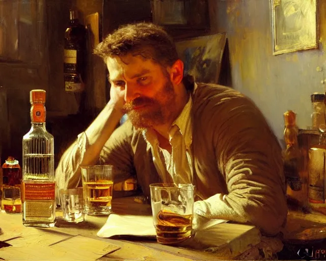 Image similar to an exhausted painter in his studio with a bottle of whisky. highly detailed painting by gaston bussiere, craig mullins, j. c. leyendecker 8 k