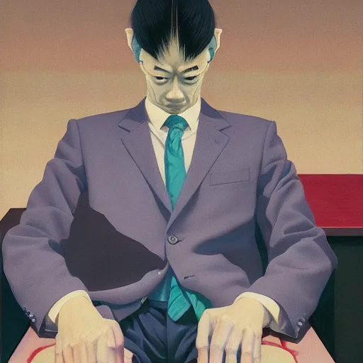 Image similar to Portrait of Japanese wearing a business suit , very coherent, painted by Edward Hopper, Wayne Barlowe, painted by James Gilleard, airbrush, art by JamesJean