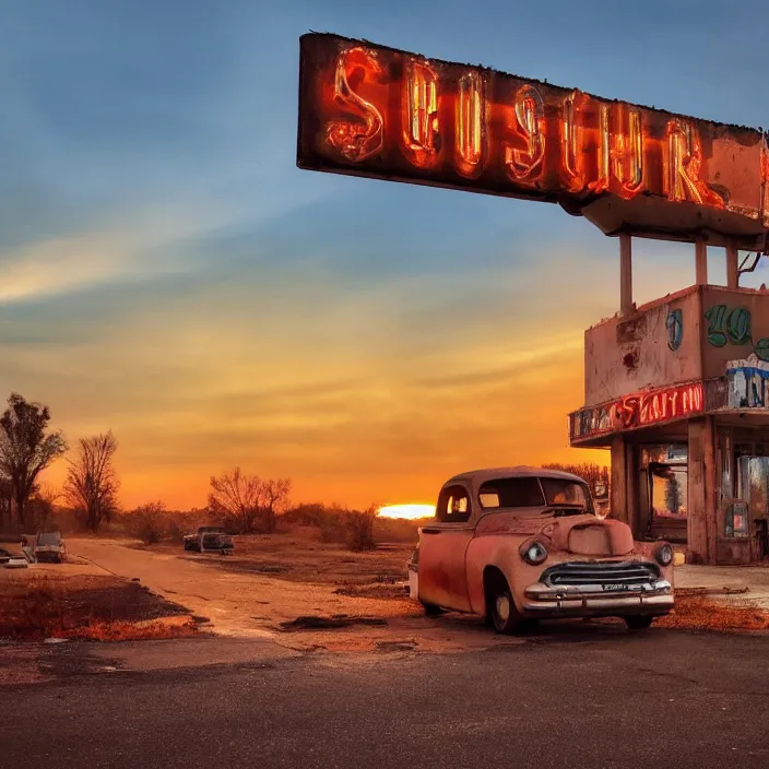 Image similar to a sunset light landscape with historical route 6 6, lots of sparkling details and sun ray ’ s, blinding backlight, smoke, volumetric lighting, colorful, octane, 3 5 mm, abandoned gas station, old rusty pickup - truck, beautiful epic colored reflections, very colorful heavenly, softlight