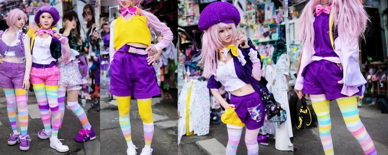 Image similar to A character sheet of a cute magical girl with short blond hair and freckles wearing an oversized purple Beret, Purple overall shorts, Short Puffy pants, pointy jester shoes, a big yellow scarf, and white leggings. Rainbow accessories all over.Photo Collage. Decora Fashion. harajuku street fashion. Cosplay. E-Girl. Kawaii Design. Intricate. Highly Detailed. Photorealistic. Sunlit