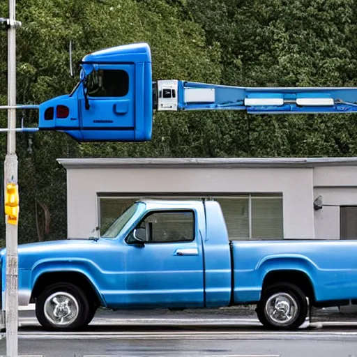 Image similar to blue truck dangling from atop a street light pole