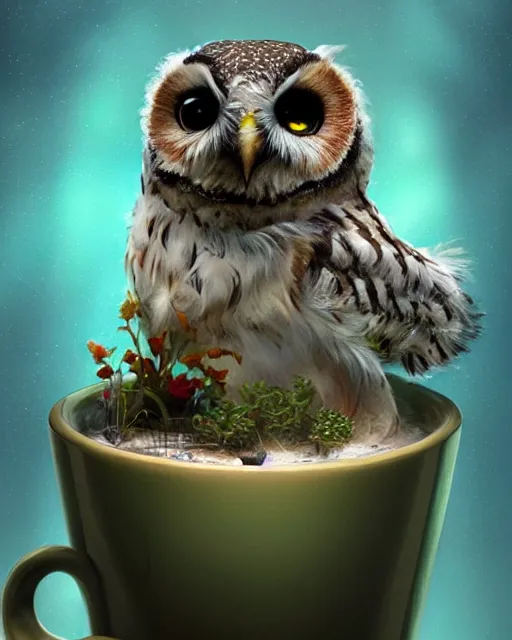 Image similar to long shot of a very cute owl chick nesting in a futuristic mug, esao andrews, humorous illustration, hyperrealistic, big depth of field, warm colors, night scenery, low light, 3 d octane render, 4 k, concept art, hyperdetailed, hyperrealistic, trending on artstation