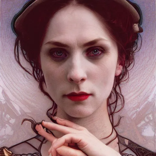 Image similar to portrait of a lady vampire, 35mm, victorian, depth of field, DOF, ominous, sharp, highly detailed, photorealistic, realistic, unreal 5, high definition, 8k, deviantart, donato giancola, irwin penn, ((Alphonse Mucha))