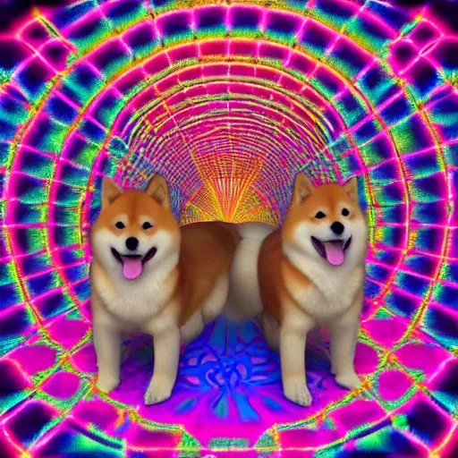 Prompt: two shiba inu in the psychedelic baroque dmt fourth dimensional tunnel