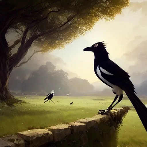 Prompt: magpie bird, urraca in avila, green fields, spring season, 4 k, concept art, by wlop, ilya kuvshinov, artgerm, krenz cushart, greg rutkowski, pixiv. cinematic dramatic atmosphere, sharp focus, volumetric lighting, cinematic lighting, studio quality