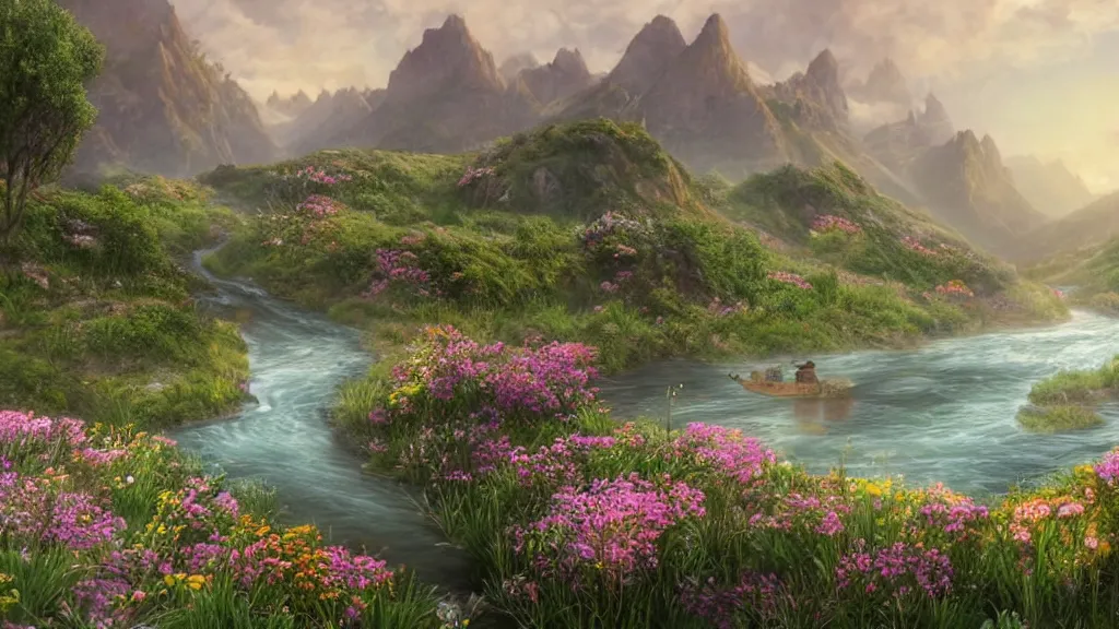 Image similar to Beautiful hyperrealistic detailed matte painting of a Landscape with a wide river in the middle of a meadow full of colorful flowers on the lost Vibes and mountains in the background, at the center there's a giant medieval fantasy portal gate with a rusty gold carved lion face at the center of it that takes you to another world, spring, delicate fog, sea breeze rises in the air, by andreas rocha and john howe, and Martin Johnson Heade, featured on artstation, featured on behance, golden ratio, ultrawide angle, well composed