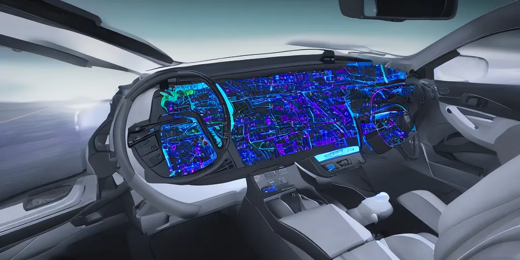 Prompt: the dashboard of a car at night, RGB LED lights, screens, detailed, render