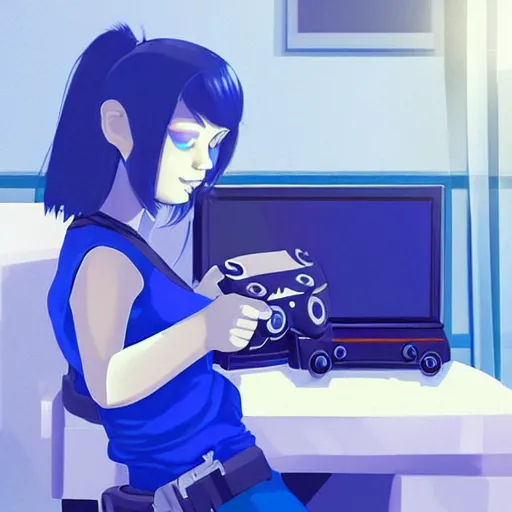 Prompt: depressed blue girl cyborg playing gamecube in a messy dorm, full shot, artstation,