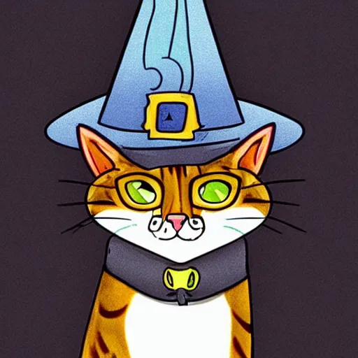 Image similar to drawing of a cat using witch hat. cartoon. cute. anime style.