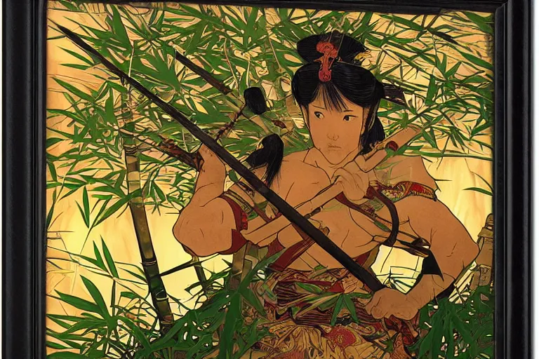 Image similar to close up of samurai in full armor, in a mysterious and bamboo forest, golden hour, by fiona staples, range murata, alphonse mucha