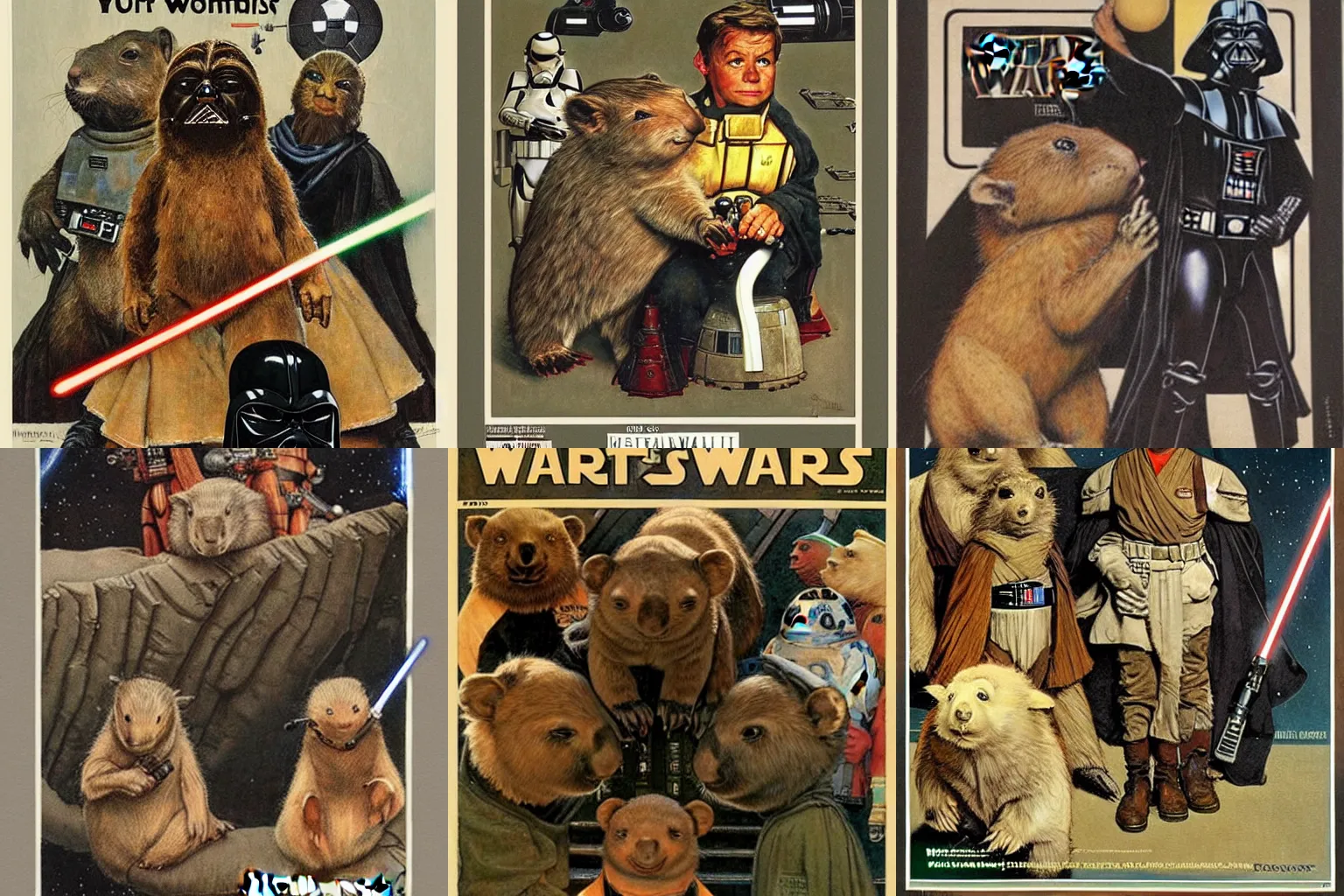 Prompt: star wars wombats by norman rockwell