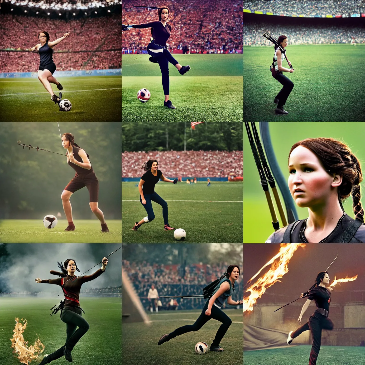Prompt: Katniss Everdeen about to kick a ball into a goal, at the World Cup, fast shutter speed, bokeh, candid portrait photography by Annie Leibovitz