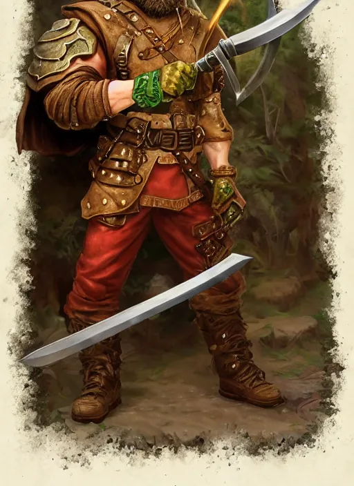 Image similar to strong young man, photorealistic bugbear ranger holding a flaming sword, black beard, dungeons and dragons, pathfinder, roleplaying game art, hunters gear, jeweled ornate leather and steel armour, concept art, character design on white background, by alan lee, norman rockwell, makoto shinkai, kim jung giu, poster art, colours red and green