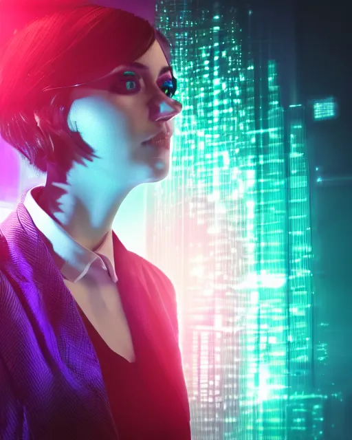 Image similar to dramatic cyberpunk portrait of a woman in a suit, crystalline, red glow, green glow, blue glow, atmospheric haze, intense shading, optic ripple, backlit, bokeh, centered