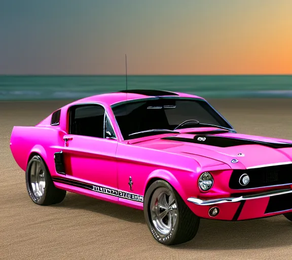 Prompt: shot of 1967 Ford mustang Shelby GT500 in pink color at sunset in front a beach, realistic reflections, 4k, HD Photography, unreal engine 5