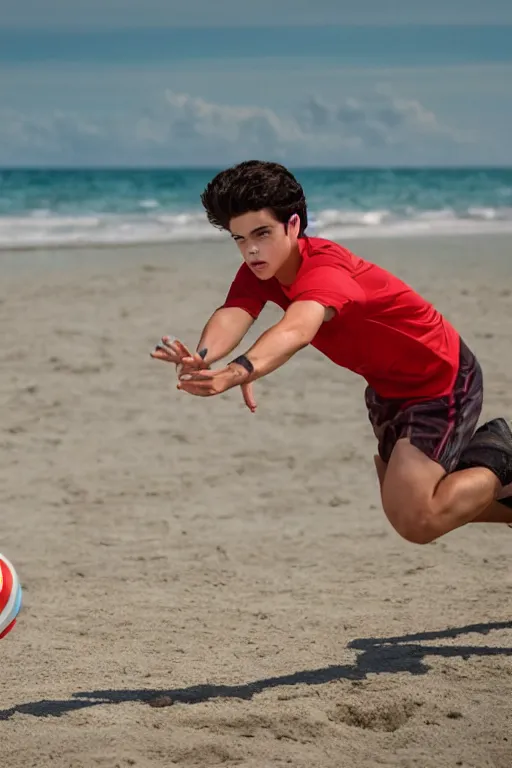 Image similar to young jake t. austin playing volley ball on the beach in beach kings film, red weapon 8 k s 3 5, cooke anamorphic / i lenses, highly detailed, cinematic lighting