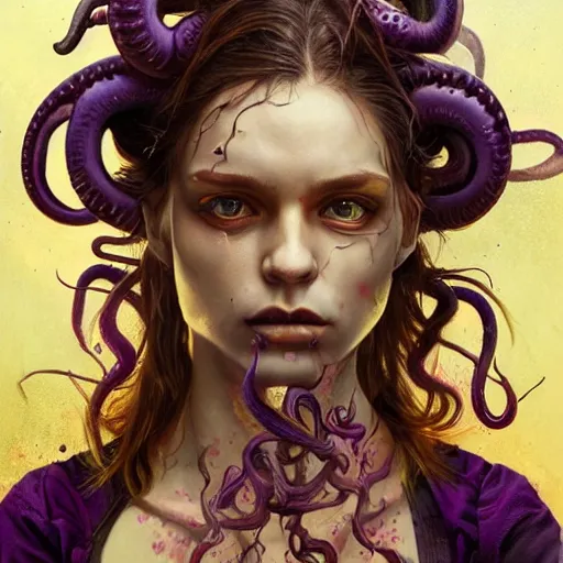 Image similar to art portrait of a furious girl with purple tentacles on her head, 8 k, by tristan eaton, stanley artgermm, tom bagshaw, greg rutkowski, carne griffiths, trending on deviantart, face enhance, hyper detailed, full of colour,