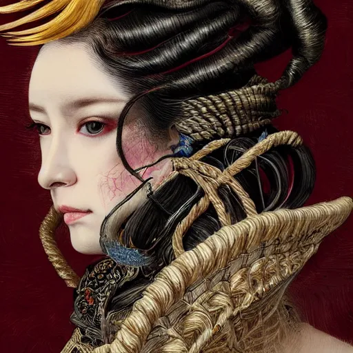 Image similar to portrait of a Shibari rope wrapped face and neck, headshot, insanely nice professional hair style, dramatic hair color, digital painting, of a old 18th century, Royal Emperor, amber jewels, baroque, ornate clothing, scifi, realistic, hyperdetailed, chiaroscuro, concept art, art by Franz Hals and Jon Foster and Ayami Kojima and Amano and Karol Bak,