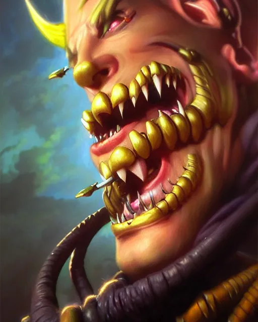 Image similar to junkrat from overwatch, mouth closed, fantasy, fantasy art, fantasy, colorful, elegant, character portrait, portrait, close up, highly detailed, intricate detail, amazing detail, sharp focus, vintage fantasy art, vintage sci - fi art, radiant light, caustics, by boris vallejo