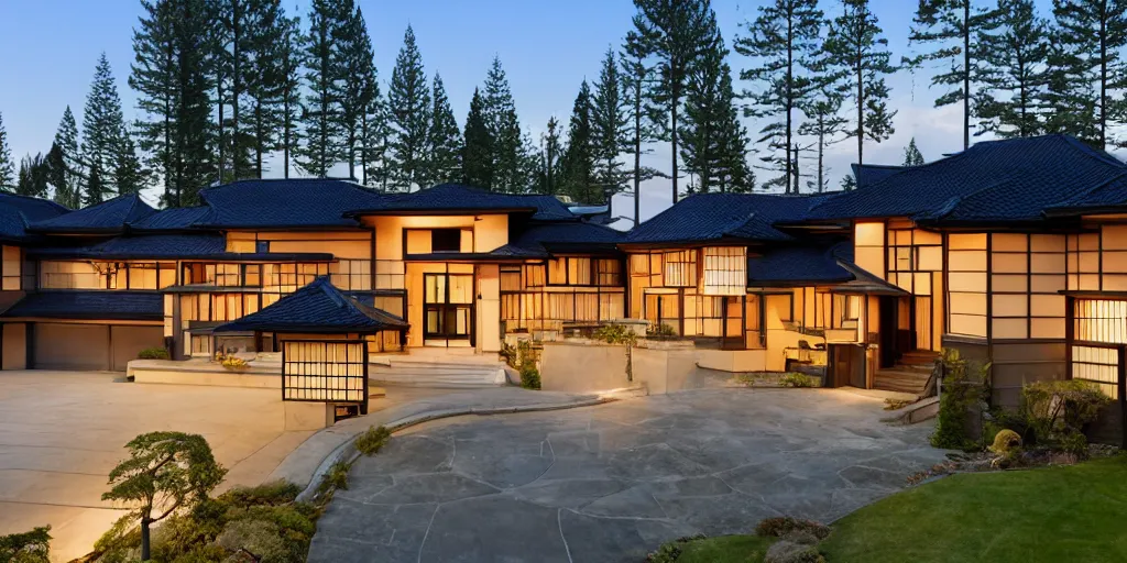 Image similar to large modern residence, pacific northwest japanese style, flared japanese black tile roof, many large windows, elegant