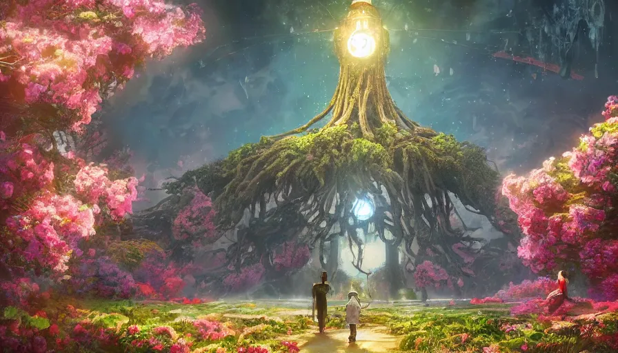 Image similar to ben lo illustration of the largest tree in the world under force field, bioshock concept art, solarpunk, hopeful, colorful, flowers, deity, unreal engine, hyper realism, realistic shading, cinematic composition, realistic render, octane render, detailed textures, photorealistic, wide shot