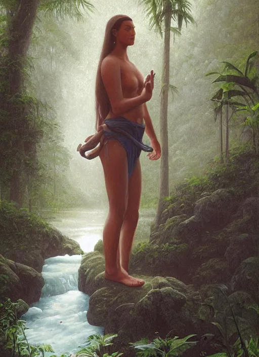 Image similar to a meditation near a river in the amazon jungle, gazing at the water, highly detailed, art by christophe vacher