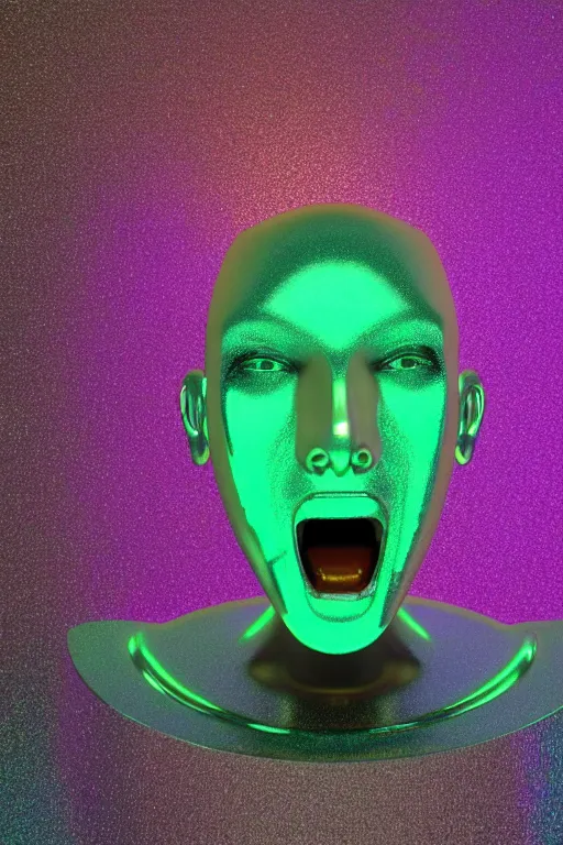 Image similar to 3d render of holographic angry human robotic screaming angry bust made of glossy iridescent, screaming, bust, surrealistic 3d illustration of a human non-binary, non binary model, 3d model human, cryengine, made of holographic texture, holographic material, holographic rainbow, concept of cyborg and artificial intelligence
