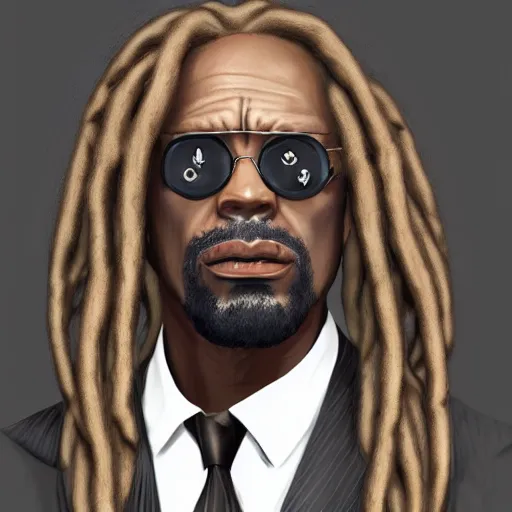 Image similar to a portrait of a muscular older black man with dreads and a suit with a monocle on, D&D, sci-fi, elegant, hopeful, muscular, highly detailed, digital painting, artstation, concept art, smooth, sharp focus, illustration