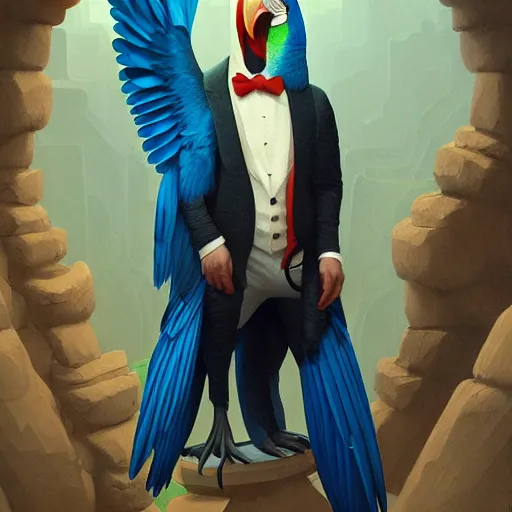 Image similar to anthropomorphic fashion vogue Macaw parrot man man wearing a parrot costume wearing a tuxedo ripped physique christopher lovell gerald brom bastien grivet greg rutkowski portrait