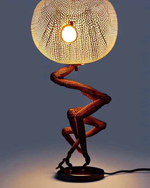 Prompt: A table lamp in the shape of a spider, highly detailed, intricate mesh patterns, sharp focus, interior design art by Artgerm and Greg Rutkowski and WLOP