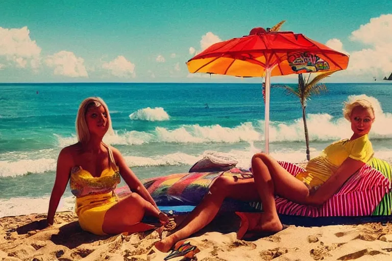 Prompt: “Young blond woman on holiday in Colombia. Beach. Hotel. In the style of retro advertising. Colorful. Detailed.”