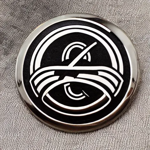 Image similar to metal round badge for clothes, atom and eternal life pattern, transhumanism, laser engraved on metal