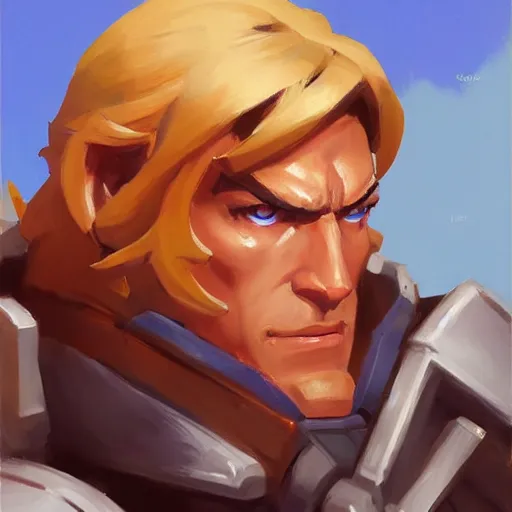 Image similar to greg manchess portrait painting of he - man as overwatch character, medium shot, asymmetrical, profile picture, organic painting, sunny day, matte painting, bold shapes, hard edges, street art, trending on artstation, by huang guangjian and gil elvgren and sachin teng