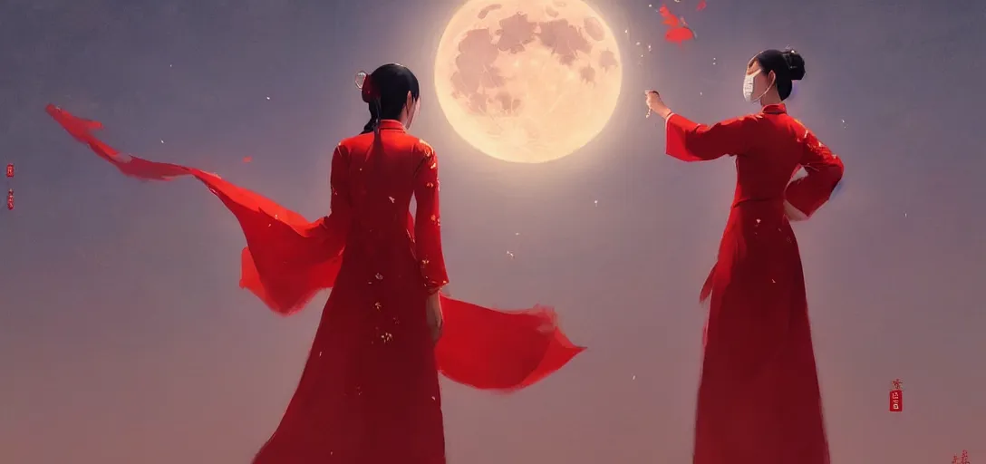 Image similar to vietnamese female with white cloth mask wearing traditional red ao dai, full moon on the sky, digital illustration by ruan jia, a ultra detailed beautiful panting by ilya kuvshinov, greg rutkowski and makoto shinkai, trending on artstation