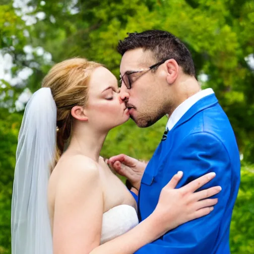 Image similar to the metaphysical holy marriage glue, couple kissing with bright blue glue