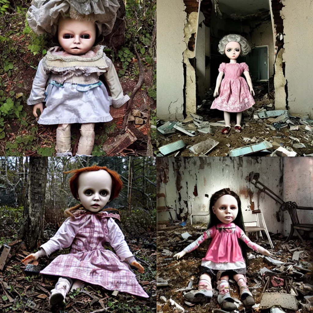 Prompt: a creepy child doll in a destroyed ruin of a former sanatorium, lowbrow by Mark Ryden