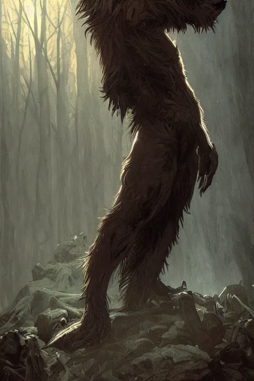 Prompt: a male werewolf devouring an human arm, blood, long claws, dark forest at night, by greg rutkowski and alphonse mucha, gradient brown to silver, highly detailed, digital painting, artstation, concept art, smooth, sharp focus illustration