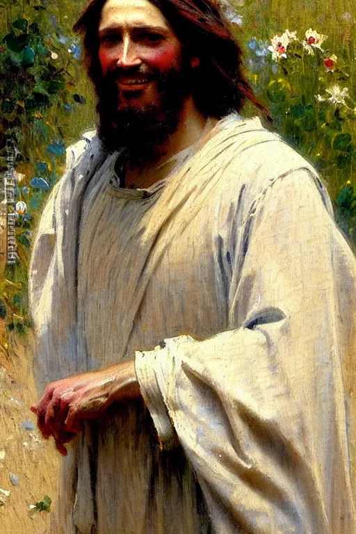 Image similar to impressionist brushstrokes!!!!!!!!! solomon joseph solomon and richard schmid and jeremy lipking victorian loose genre loose painting full length portrait painting of jesus with a slight smile happy inviting