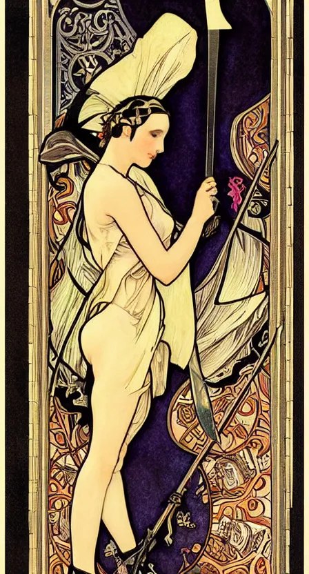 Prompt: an art deco tarot card of the grim reaper with a scythe, digital painting by tamara de lempika and an elegant border by alphonse mucha.
