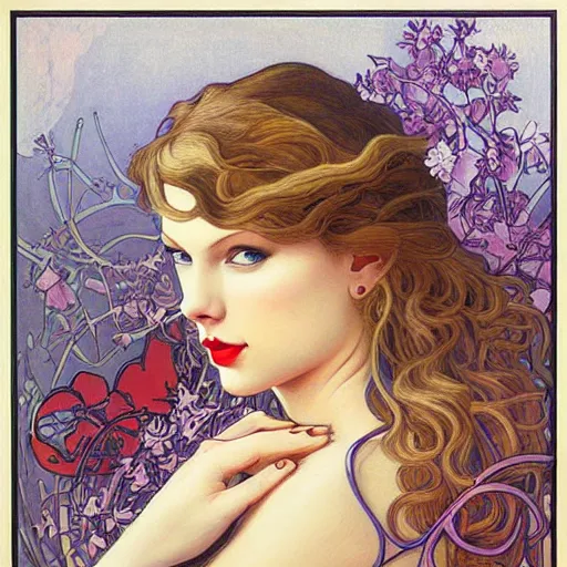 Image similar to romantic painted portrait of taylor swift by james jean, mucha