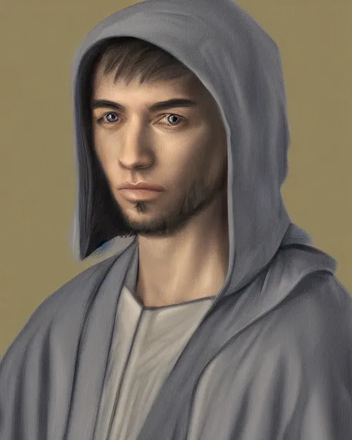 Image similar to digital art portrait of a young man in dark robes, hooded