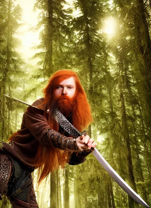Prompt: 8K, grungy redhead 30-something bearded long haired swordsman holding a short curved sword in a ultradetailed pacific northwest redcedar forest, smooth, sharp focus, illustration. sharp focus, grungy matte painting detailed, intricate, cinematic lighting,