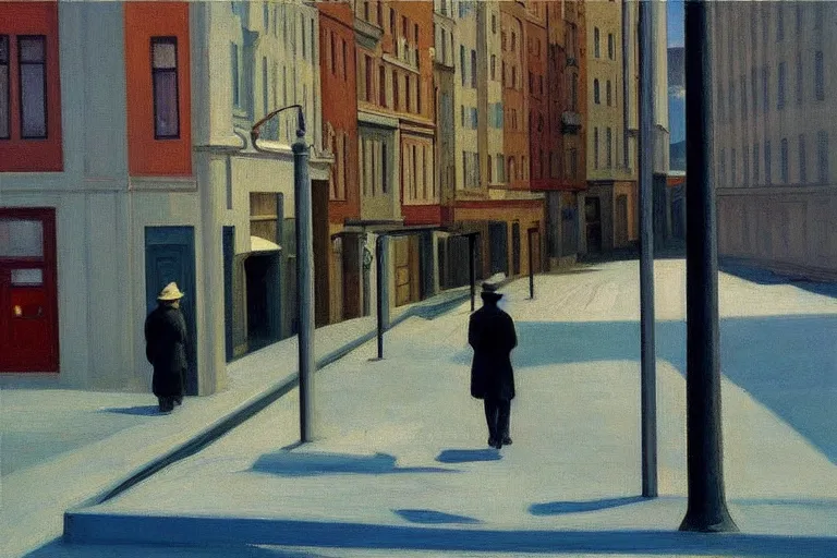 Prompt: the lonely streets of oslo, painting by edward hopper, award - winning, painting, calming, serene,